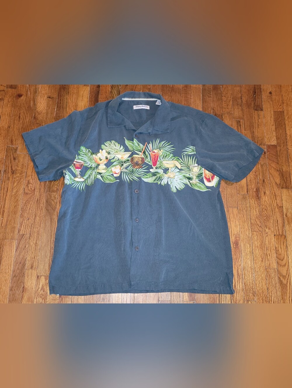 Tommy Bahama Grey Silk Tropical Cocktail Embroidered Camp Shirt Men's L